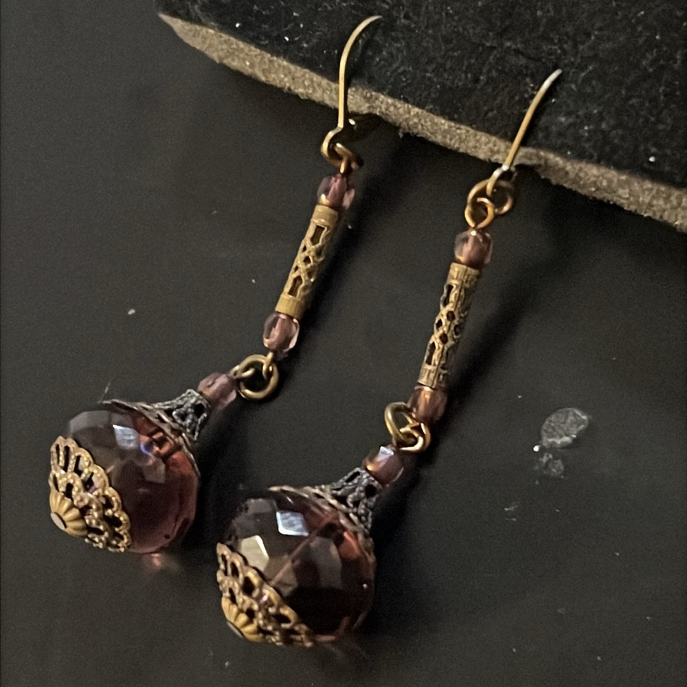 Antique Art Nouveau Bronze Filagree Purple Czech Glass Beaded Drop Earrings - Picture 14 of 15